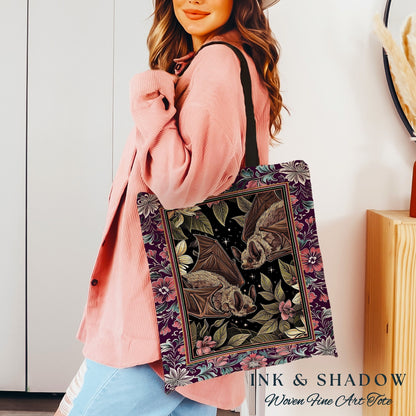 Romantic Dark Floral Bat Tapestry Bag Woven Tote Victorian Goth Bag Purse Dark Cottagecore Gothic Bat Gifts Dark Academia Shoulder Bag