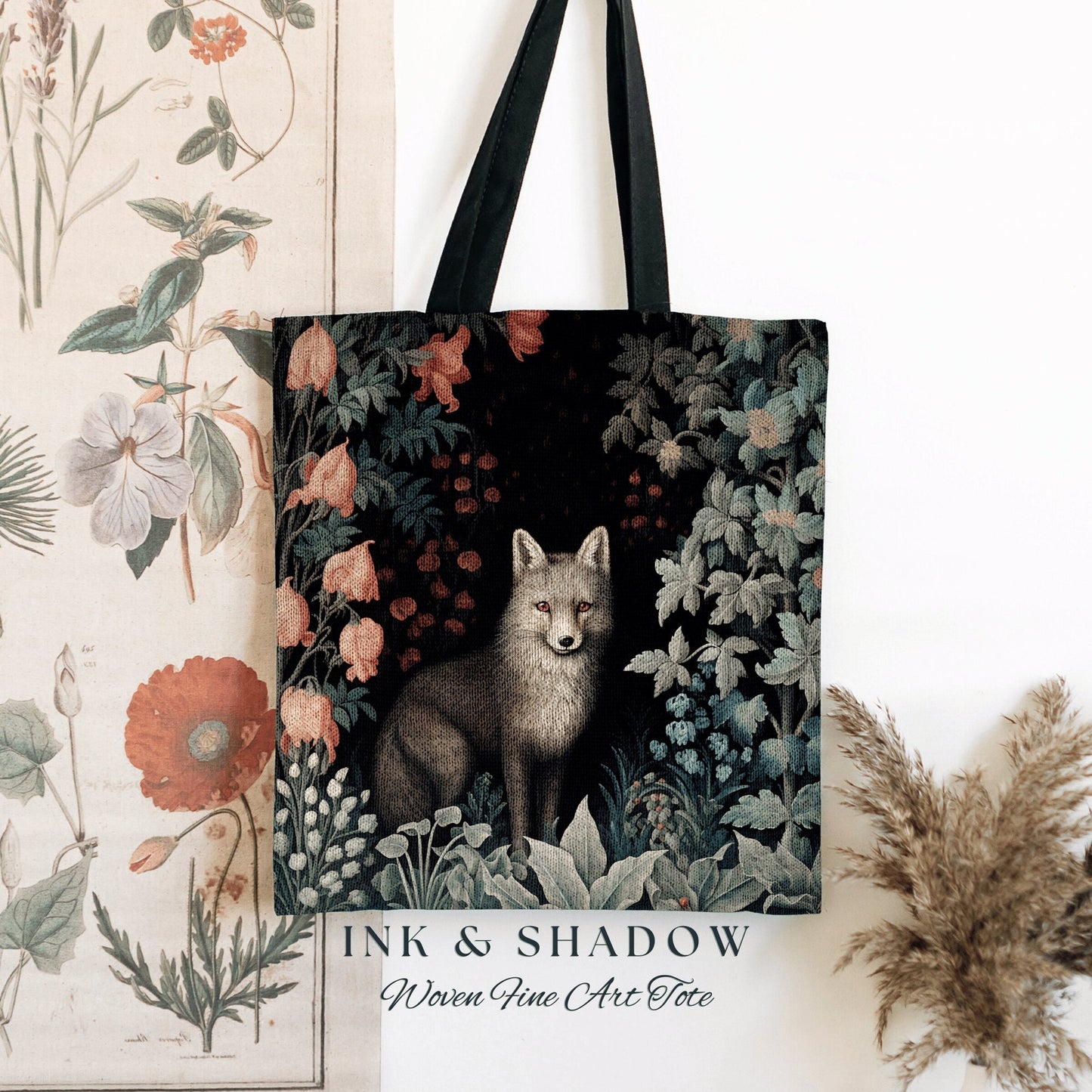 Whimsigoth Grey Fox Tapestry Tote Botanical Dark Floral Victorian Fox Fairycore Dark Academia Morris Art Tote Bag Aesthetic Medieval Bag