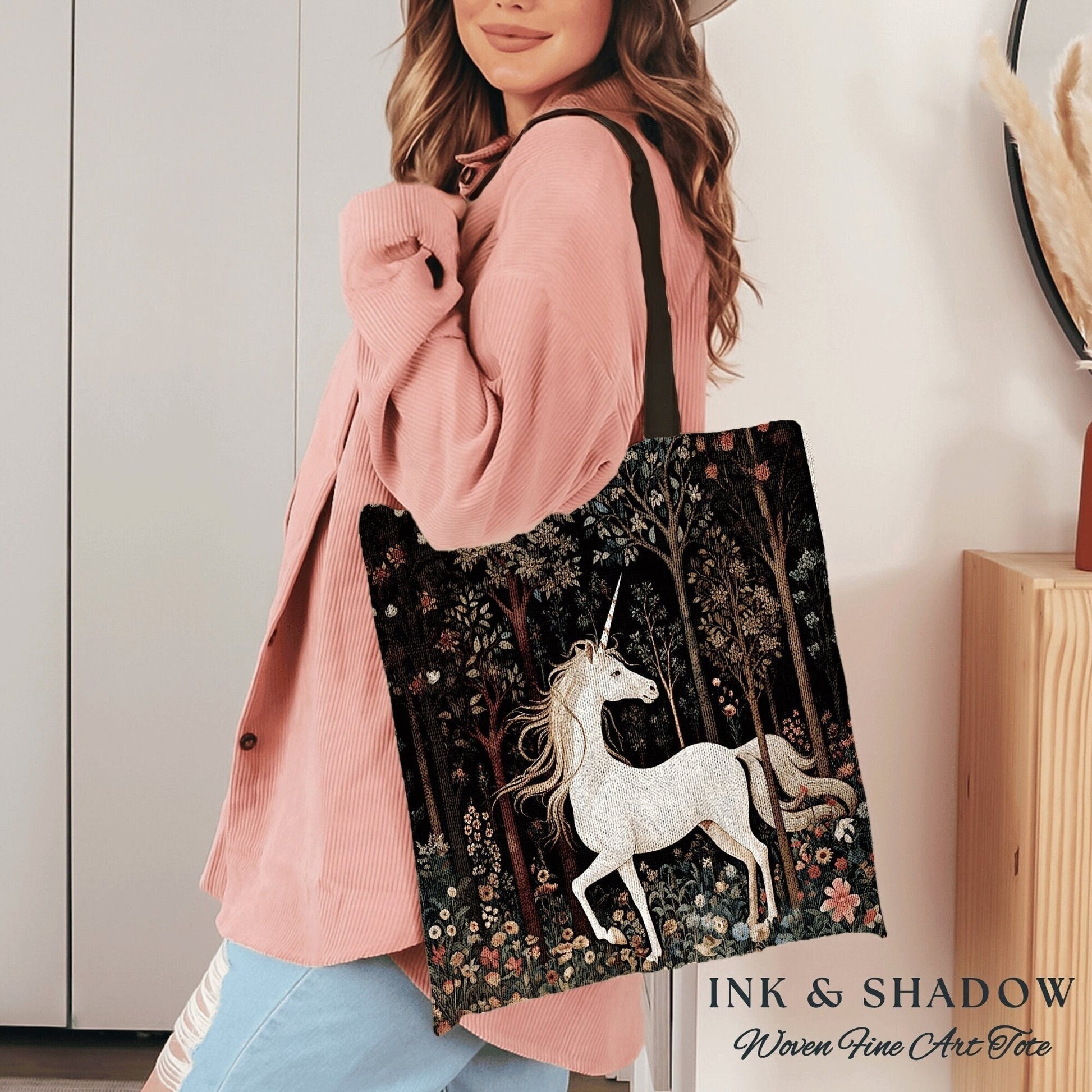 Folklore Unicorn Woven Tote Bag | Fairy Core Tote Bag William Morris Inspired Tote Bag Aesthetic Mystical Tapestry Bag Woven Victorian Style