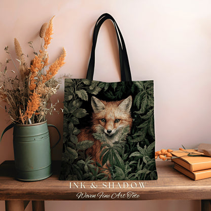 Fox Tote Dark Botanical | Dark Academia William Morris Inspired Tote Bag Aesthetic Medieval Tapestry Bag Woven Victorian Fairycore Fox Tote