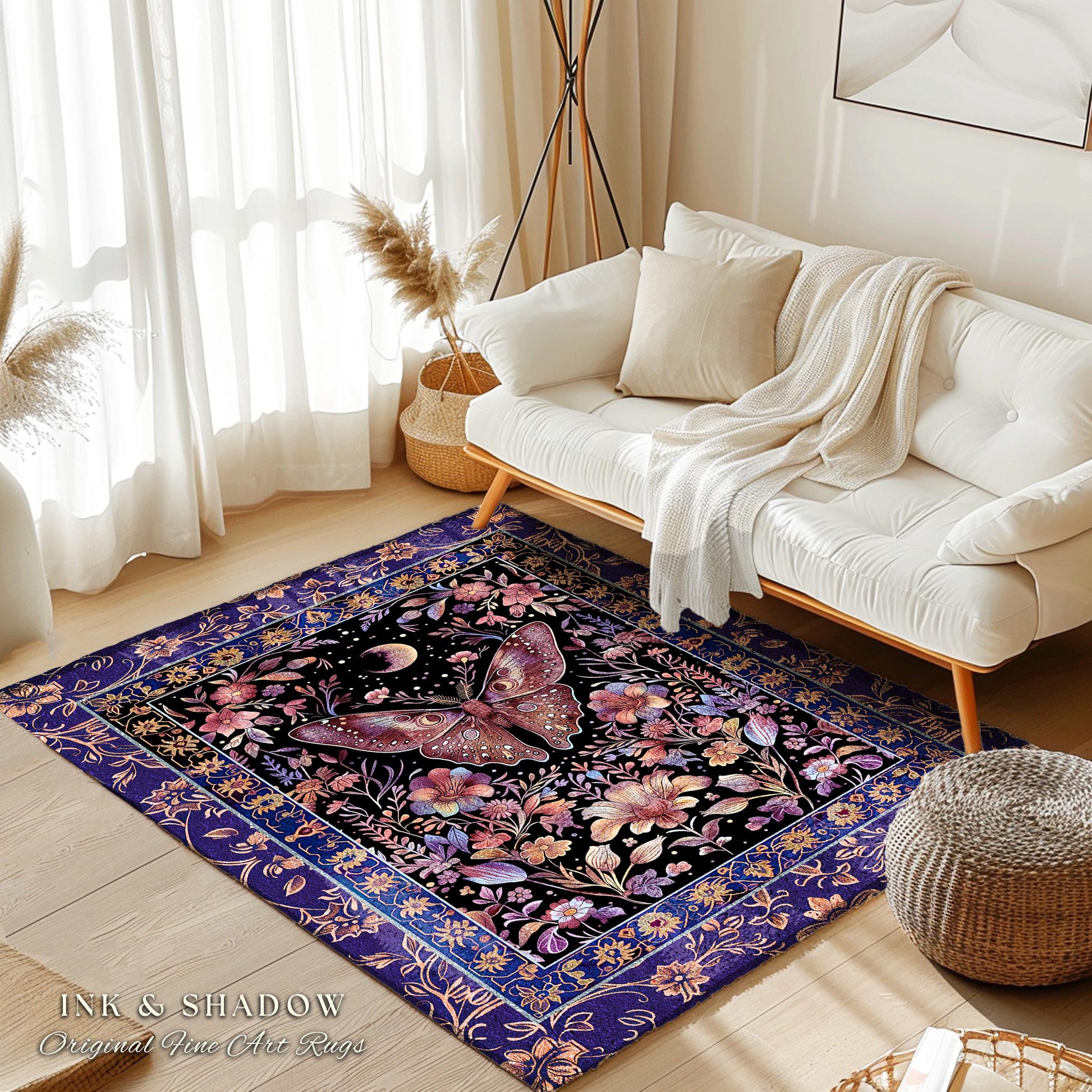 Witchy Botanical Moth Rug Whimsigothic Purple Floral Fairycore Aesthetic | Gothic Cottagecore Butterfly Celestial Moonlit Woodland Whimsy