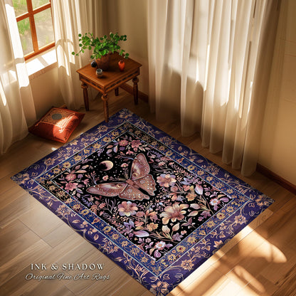 Witchy Botanical Moth Rug Whimsigothic Purple Floral Fairycore Aesthetic | Gothic Cottagecore Butterfly Celestial Moonlit Woodland Whimsy