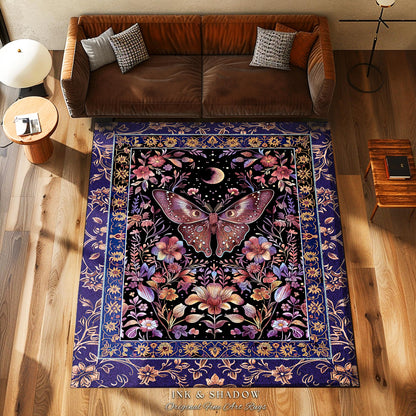 Witchy Botanical Moth Rug Whimsigothic Purple Floral Fairycore Aesthetic | Gothic Cottagecore Butterfly Celestial Moonlit Woodland Whimsy