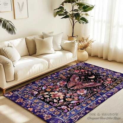 Witchy Botanical Moth Rug Whimsigothic Purple Floral Fairycore Aesthetic | Gothic Cottagecore Butterfly Celestial Moonlit Woodland Whimsy