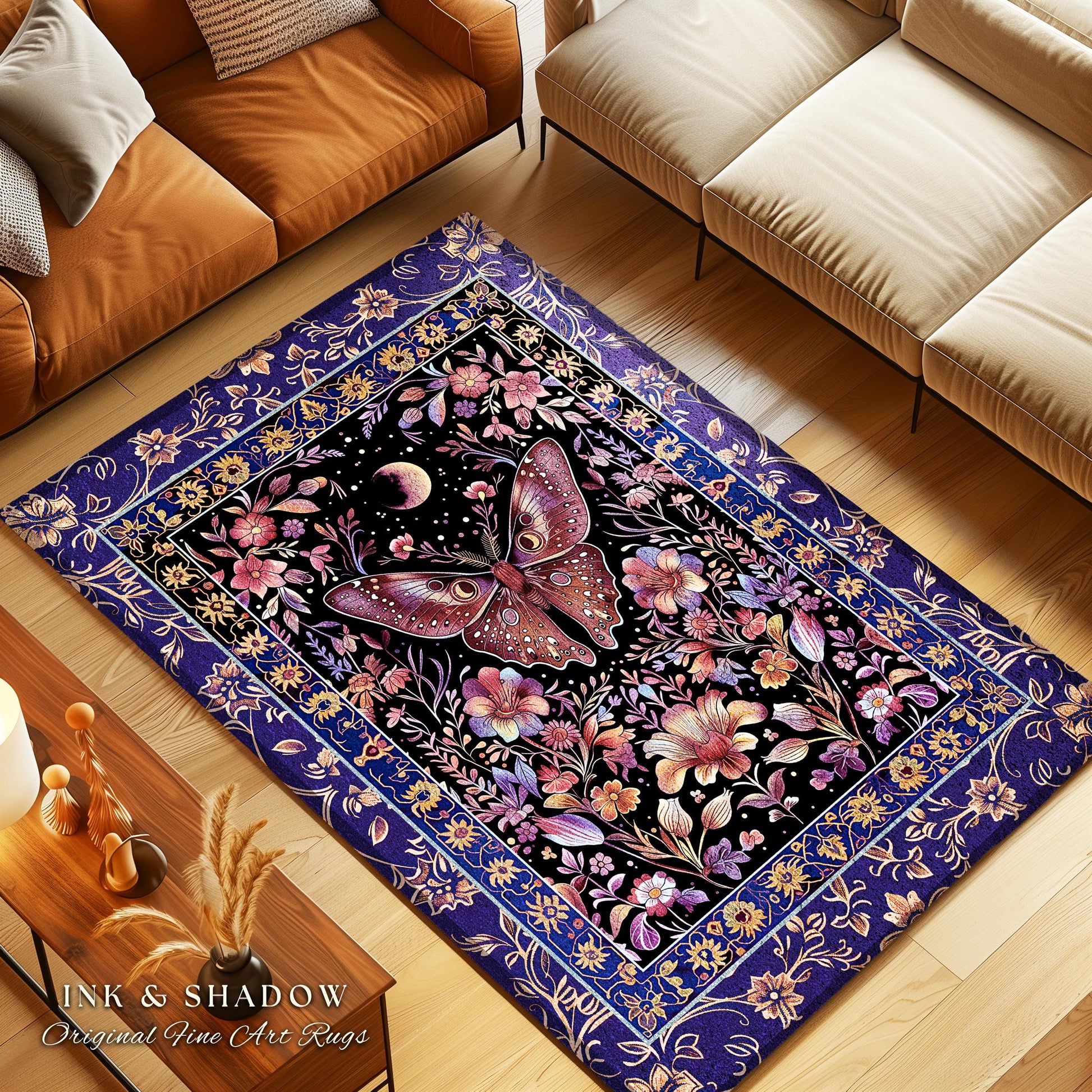 Witchy Botanical Moth Rug Whimsigothic Purple Floral Fairycore Aesthetic | Gothic Cottagecore Butterfly Celestial Moonlit Woodland Whimsy