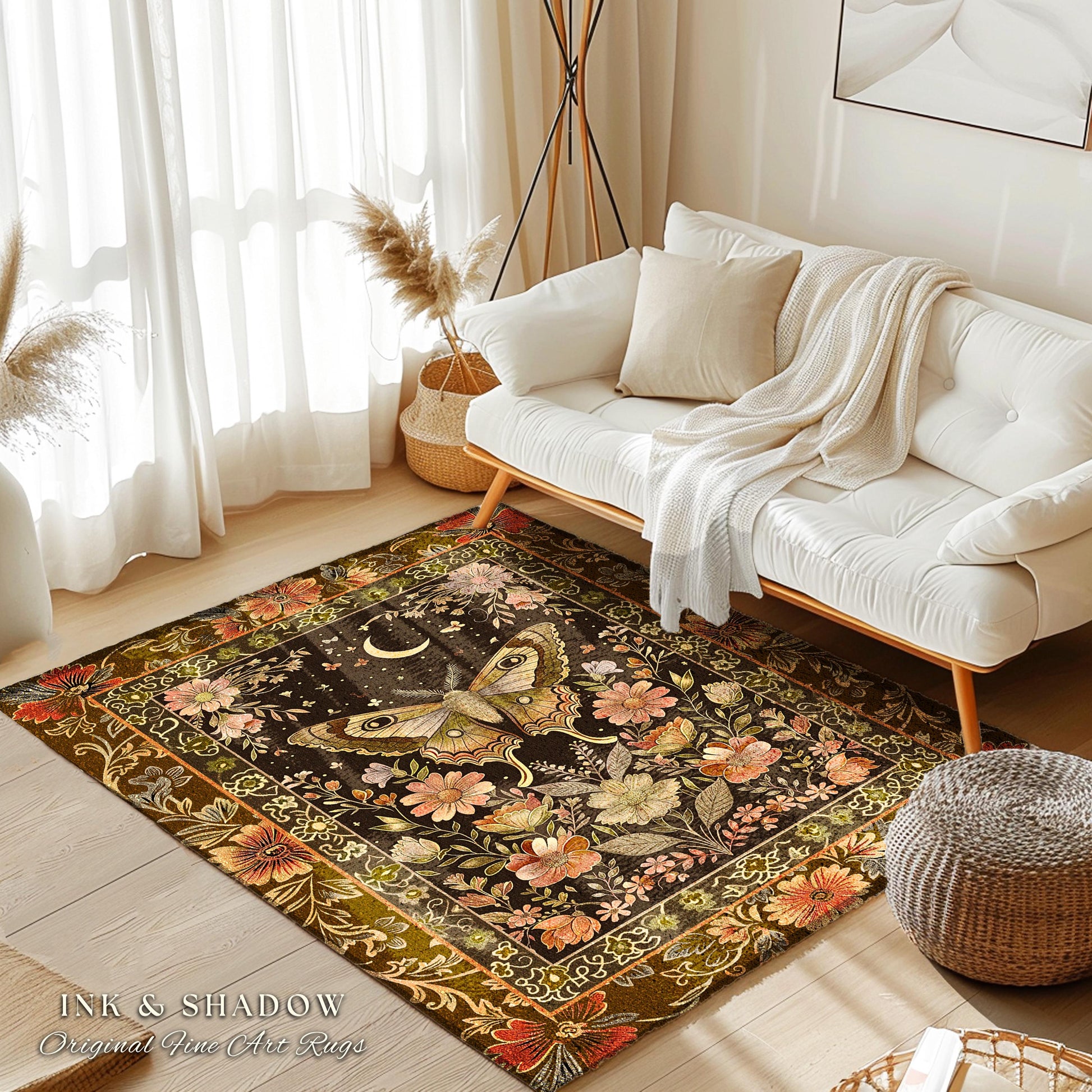 Rustic Floral Cottageore Moth Rug Vintage Aesthetic Fairycore Decor, Dark Academia Botanical Butterfly Woodland Gothic Whimsy Wildflower Rug