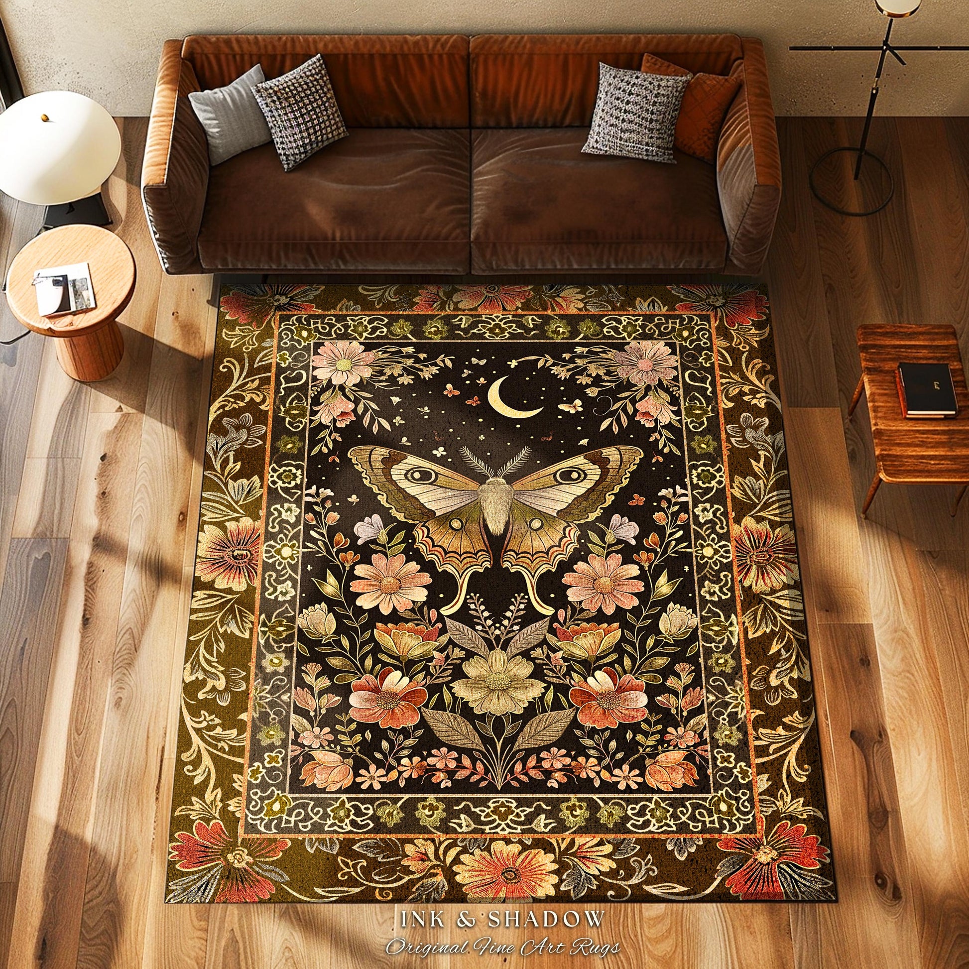 Rustic Floral Cottageore Moth Rug Vintage Aesthetic Fairycore Decor, Dark Academia Botanical Butterfly Woodland Gothic Whimsy Wildflower Rug