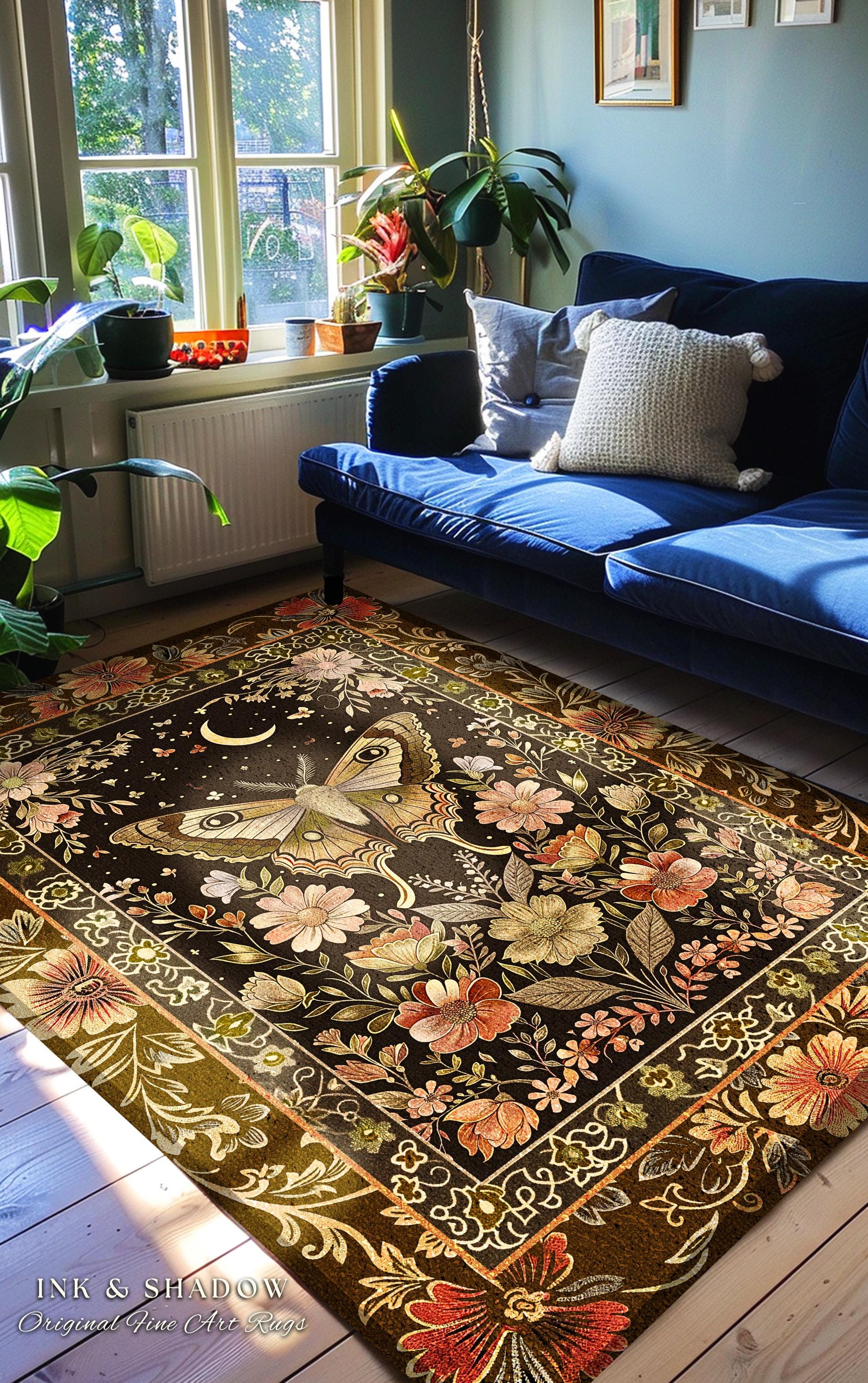 Rustic Floral Cottageore Moth Rug Vintage Aesthetic Fairycore Decor, Dark Academia Botanical Butterfly Woodland Gothic Whimsy Wildflower Rug