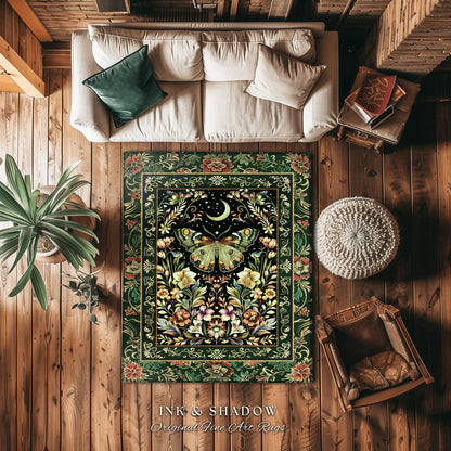 Boho Botanical Moth Rug Floral Grunge Fairycore Room Decor, Woodland Gothic Moon Butterfly Forest Green Forestcore Celestial Cottagecore Rug