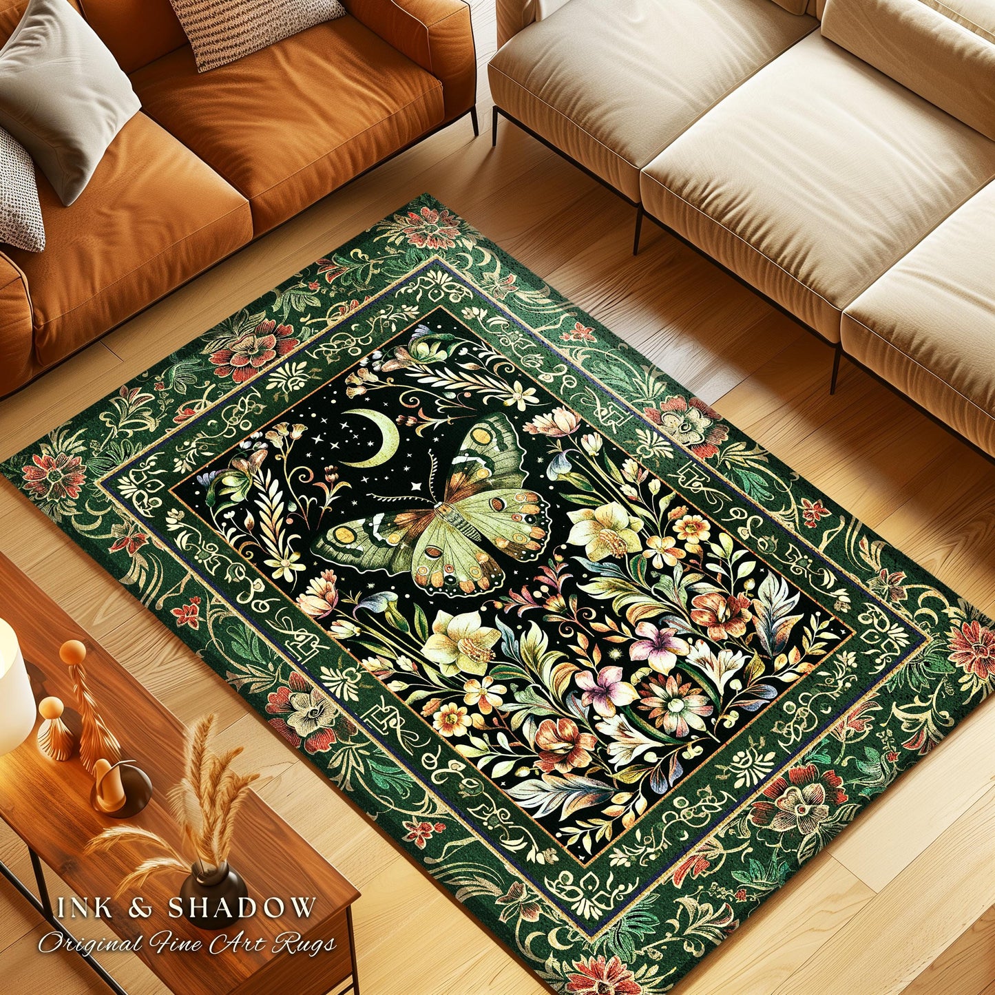 Boho Botanical Moth Rug Floral Grunge Fairycore Room Decor, Woodland Gothic Moon Butterfly Forest Green Forestcore Celestial Cottagecore Rug