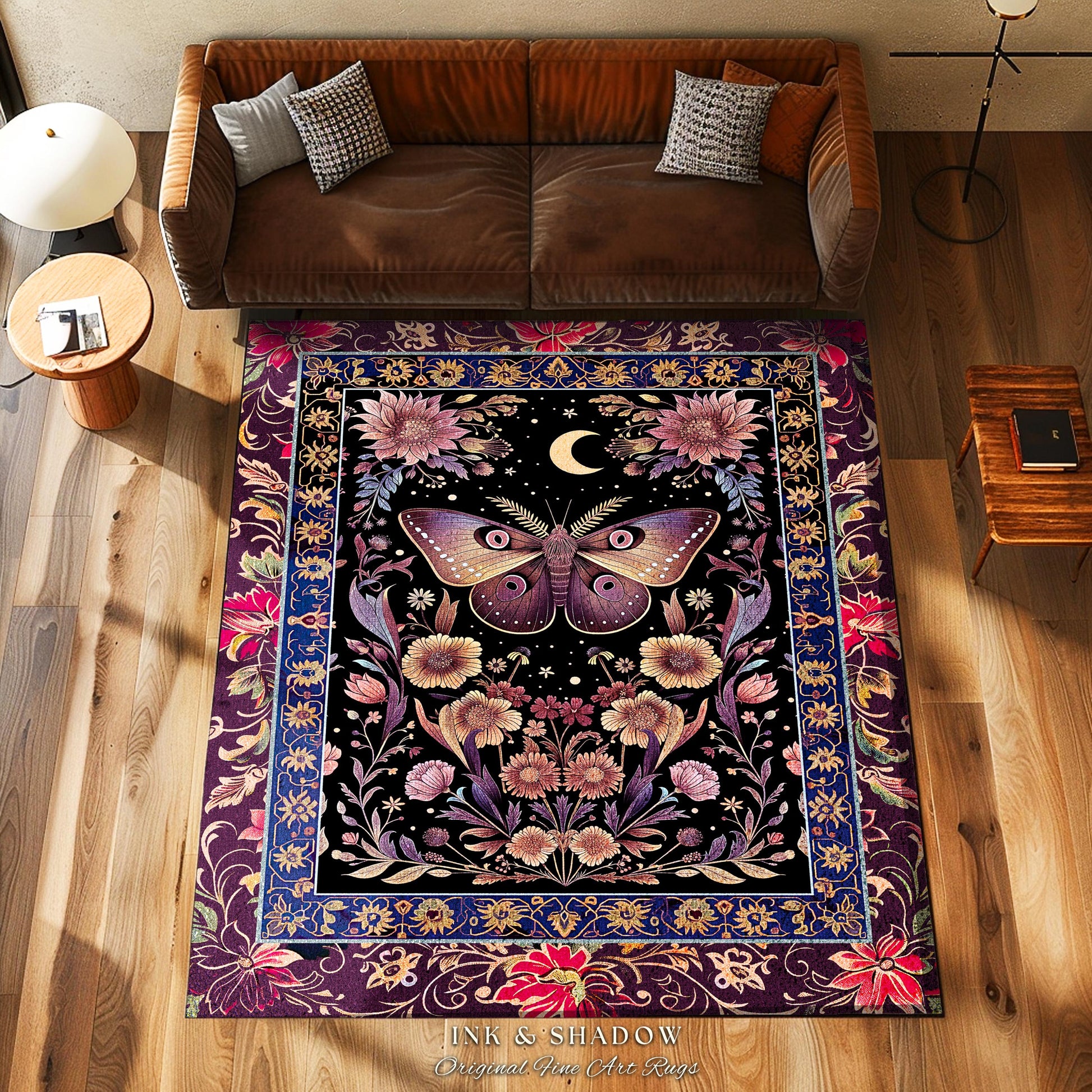 Mystic Moth Moon Rug Whimsigothic Purple Dark Cottagecore Witchy Wildflower Decor, Whimsical Boho Butterfly Floral Fairycore Retro Celestial