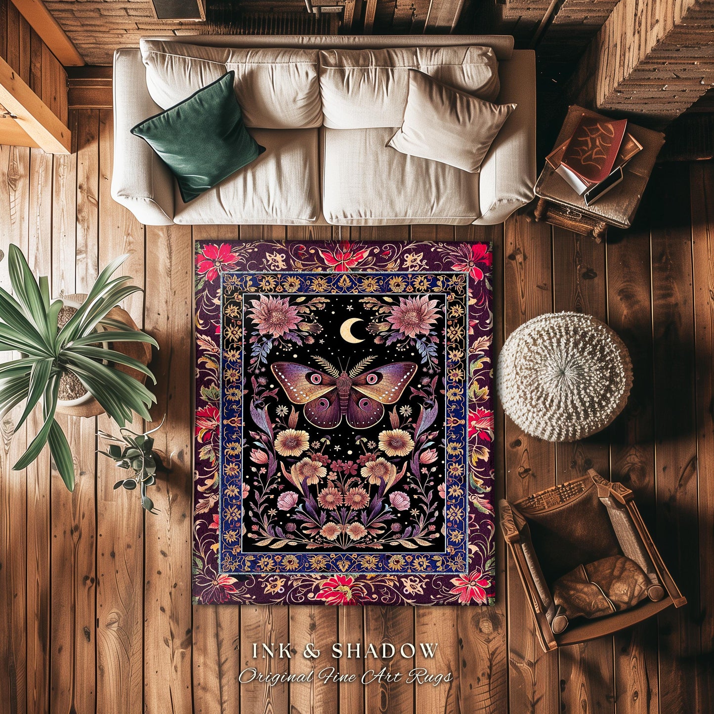 Mystic Moth Moon Rug Whimsigothic Purple Dark Cottagecore Witchy Wildflower Decor, Whimsical Boho Butterfly Floral Fairycore Retro Celestial