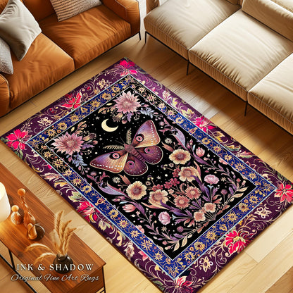 Mystic Moth Moon Rug Whimsigothic Purple Dark Cottagecore Witchy Wildflower Decor, Whimsical Boho Butterfly Floral Fairycore Retro Celestial