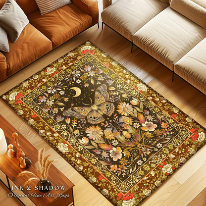 Vintage Floral Woodland Gothic Moth Moon Celestial Rug Rustic Country Cottage, Mystic Fairycore Shabby Chic Butterfly Botanical Cottagecore