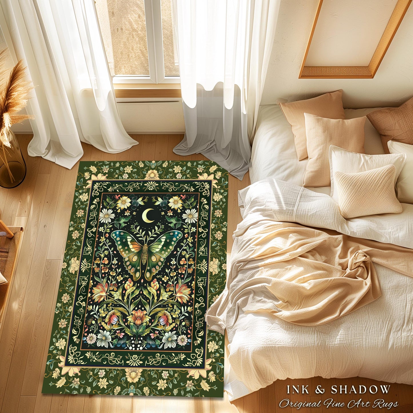 Woodland Gothic Botanical Moth Rug Witchy Dark Academia Aesthetic Room Decor, Whimsical Green Cottagecore Butterfly Wildflower Fairycore Rug