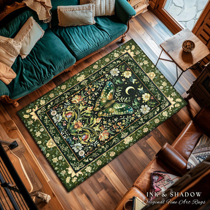 Woodland Gothic Botanical Moth Rug Witchy Dark Academia Aesthetic Room Decor, Whimsical Green Cottagecore Butterfly Wildflower Fairycore Rug