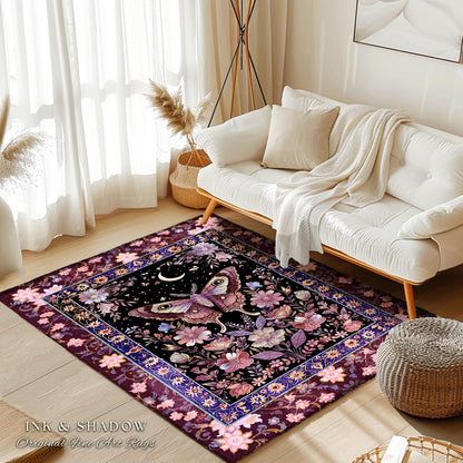 Purple Moth Celestial Rug Boho Fairycore Dark Floral Decor | Enchanted Fairy Cottagecore Butterfly Lovers Moth Moon Rug Whimsical Goth Gift