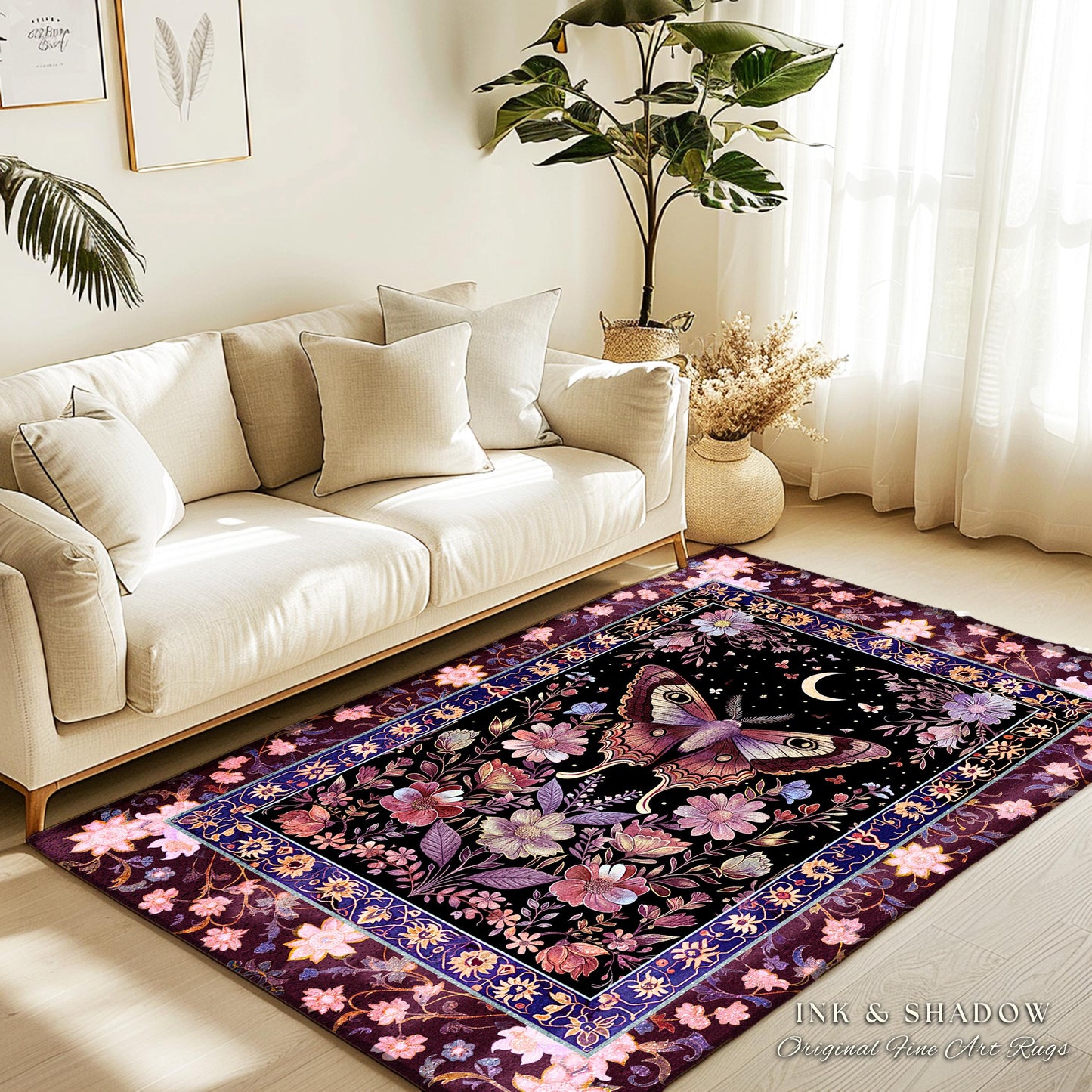 Purple Moth Celestial Rug Boho Fairycore Dark Floral Decor | Enchanted Fairy Cottagecore Butterfly Lovers Moth Moon Rug Whimsical Goth Gift