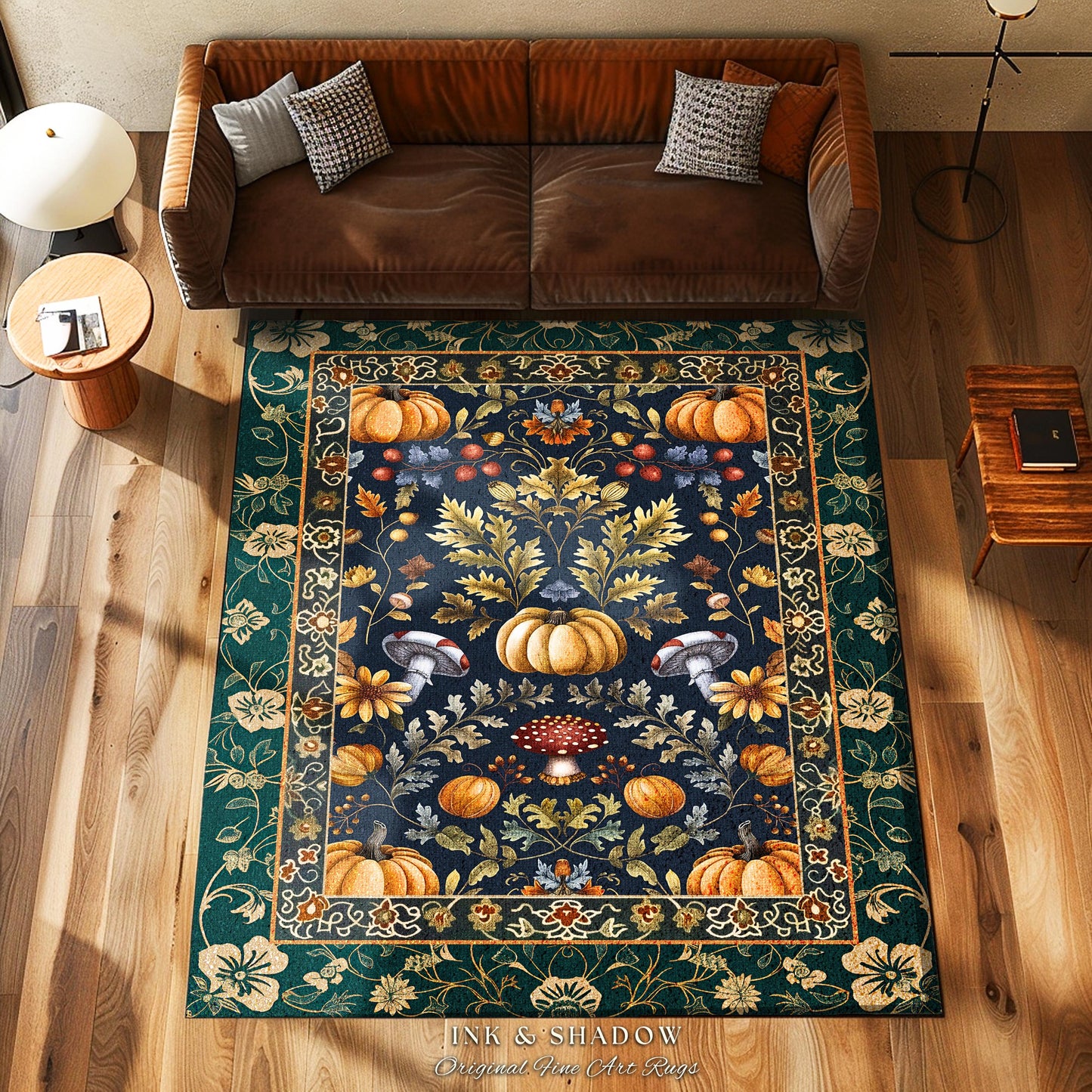 Dark Cottagecore Pumpkin Rug Autumn Victorian Gothic Floral Decor | Whimsical Dark Botanical Rug Forestcore Pumpkin Decor Vintage Aesthetic