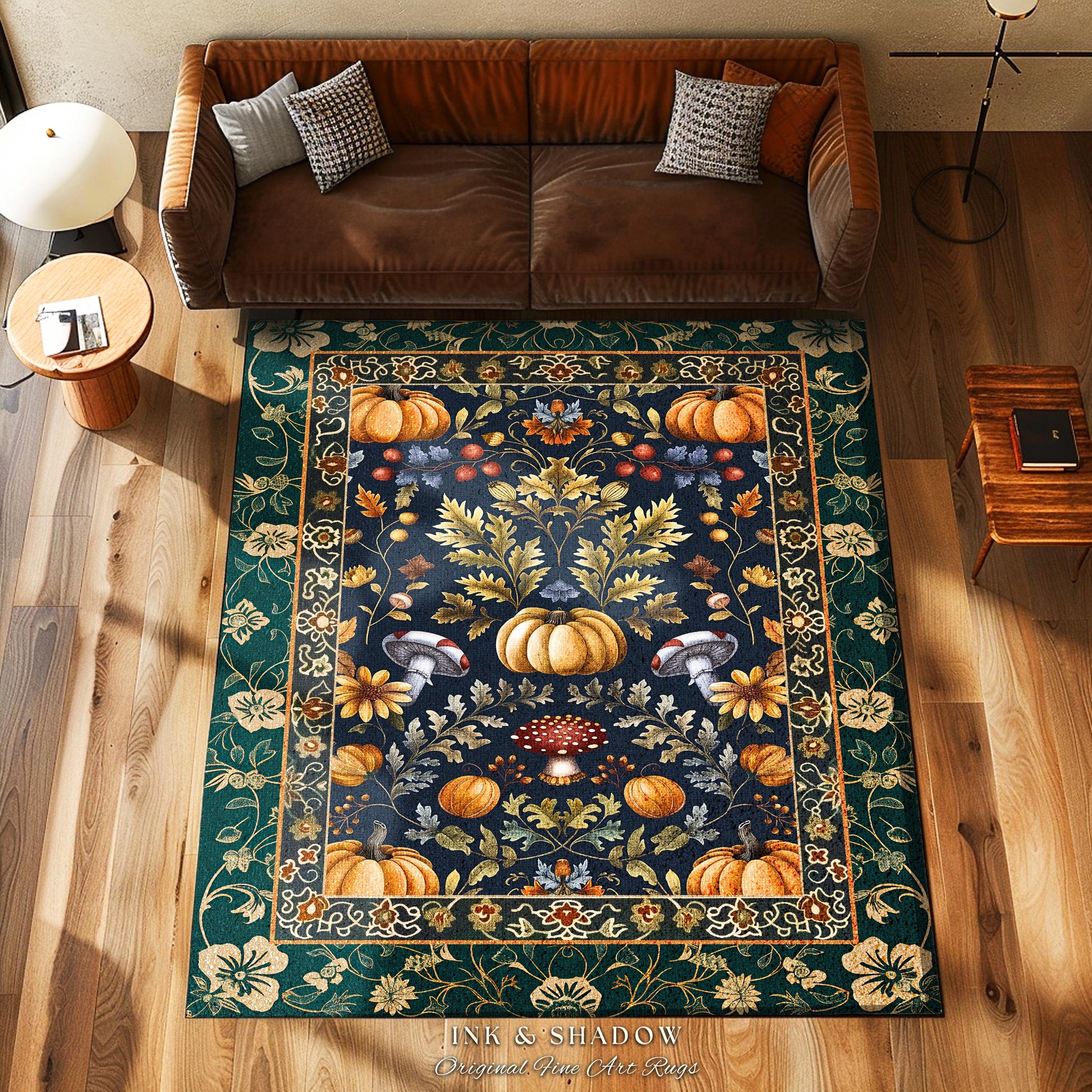 Dark Cottagecore Pumpkin Rug Autumn Victorian Gothic Floral Decor | Whimsical Dark Botanical Rug Forestcore Pumpkin Decor Vintage Aesthetic