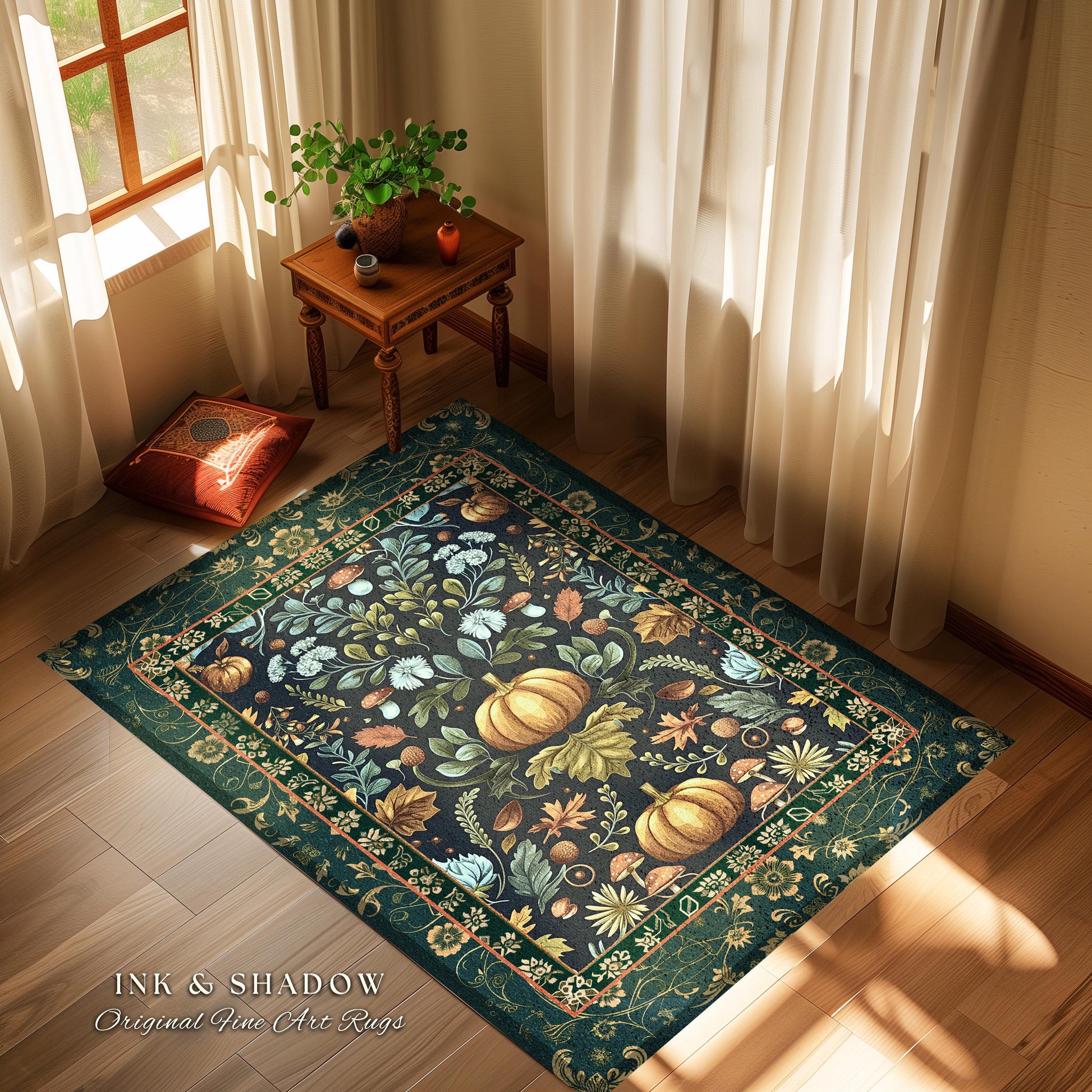 Dark Botanical Pumpkin Rug Gothic Decor Autumn Aesthetic | Cozy Cottagecore Rustic Fall Charm Whimsical Home Decor Pumpkin Rug Vintage Vibes