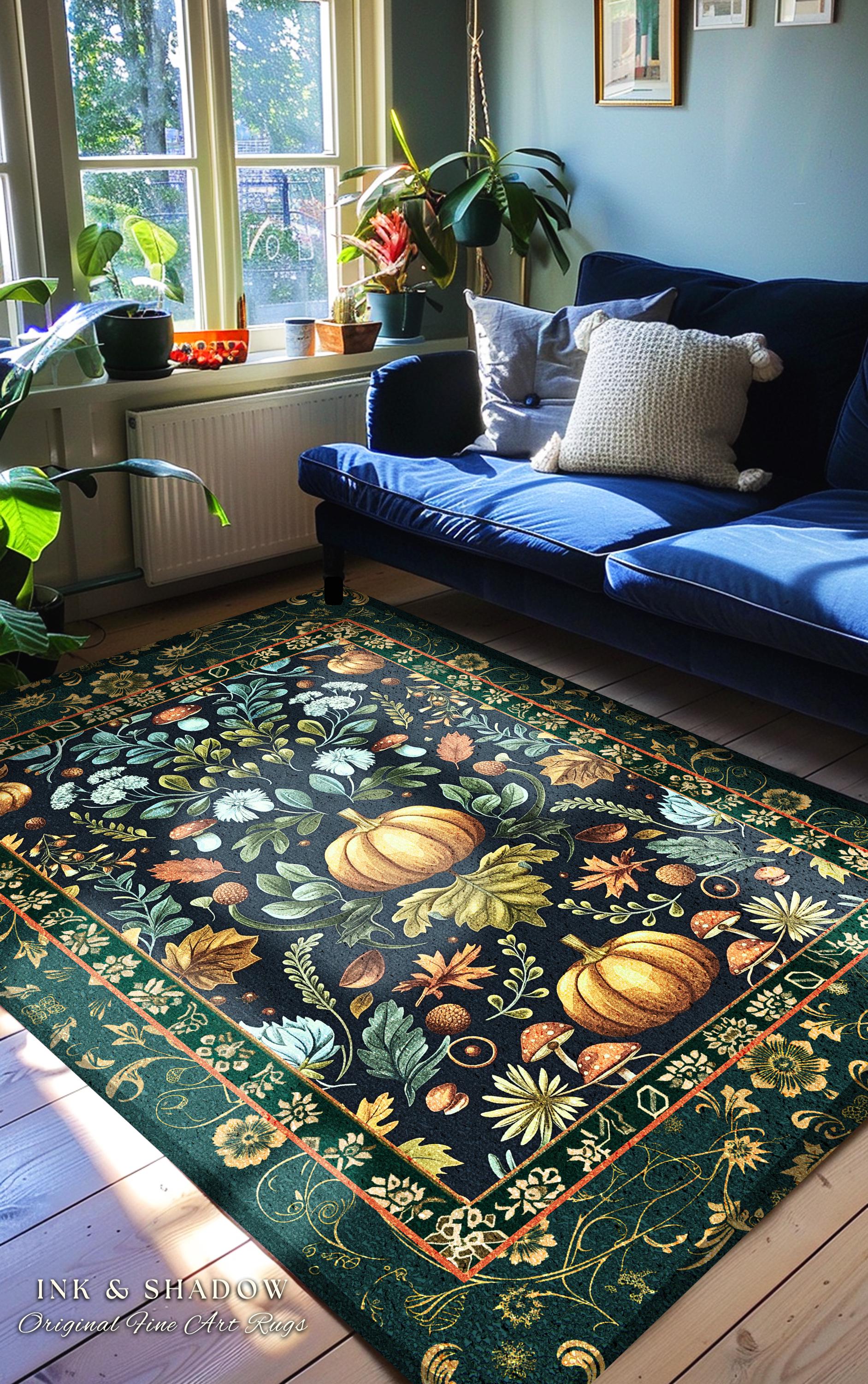 Dark Botanical Pumpkin Rug Gothic Decor Autumn Aesthetic | Cozy Cottagecore Rustic Fall Charm Whimsical Home Decor Pumpkin Rug Vintage Vibes