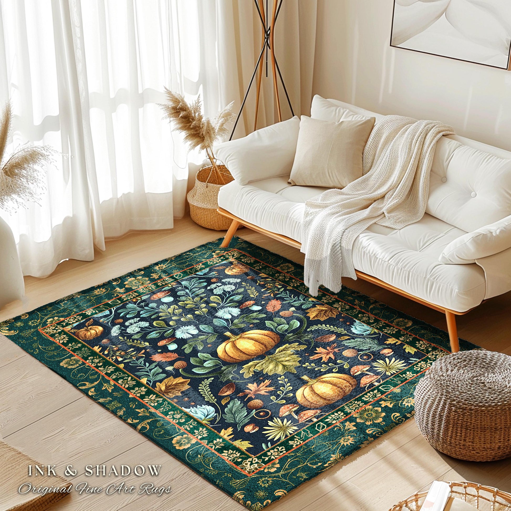 Dark Botanical Pumpkin Rug Gothic Decor Autumn Aesthetic | Cozy Cottagecore Rustic Fall Charm Whimsical Home Decor Pumpkin Rug Vintage Vibes