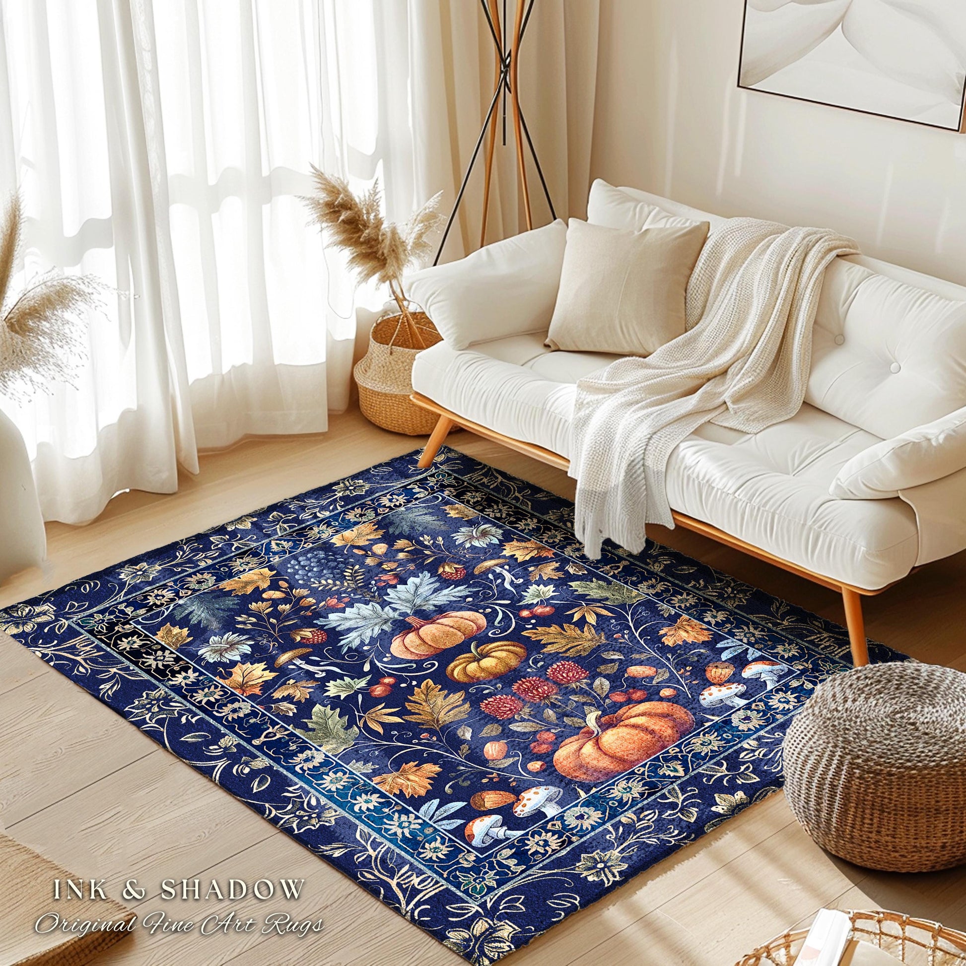 Blue Botanical Pumpkin Rug Vintage Aesthetic Autumn Lovers Decor | Fall Decoration Eclectic Art Dark Academia Elegant Rug Boho Cottagecore