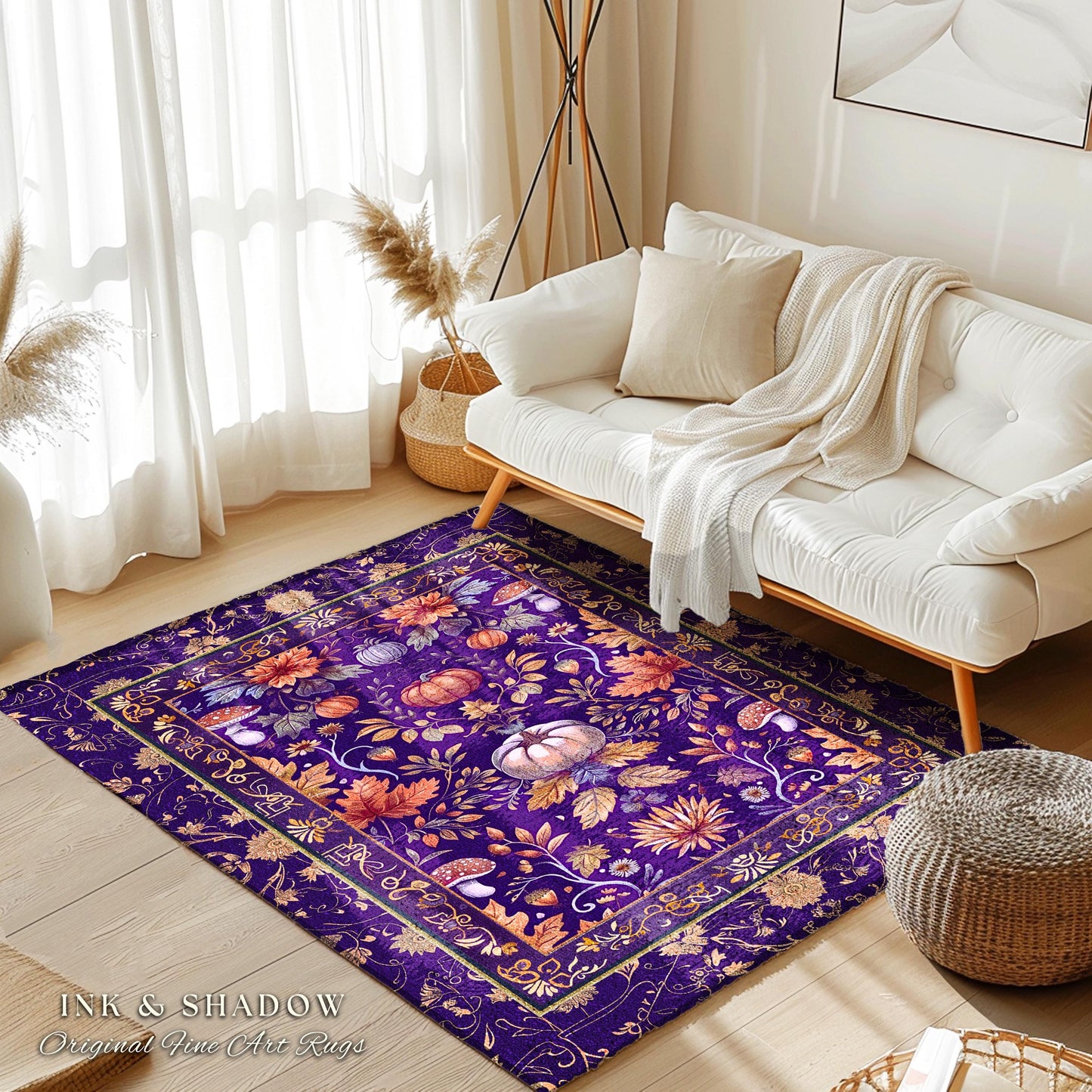 Enchanted Fall Pumpkin Decor Whimsical Floral Rug | Dark Cottagecore Moody Botanical Art Pumpkin Rug Whimsigothic Fairycore Decor Purple Rug