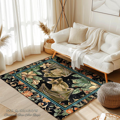 Botanical Vintage Aesthetic Bat Rug Forestcore Mystic Woodland Gothic Decor | Boho Bat Forest Dark Academia Floral Whimsigoth Witchy Rug