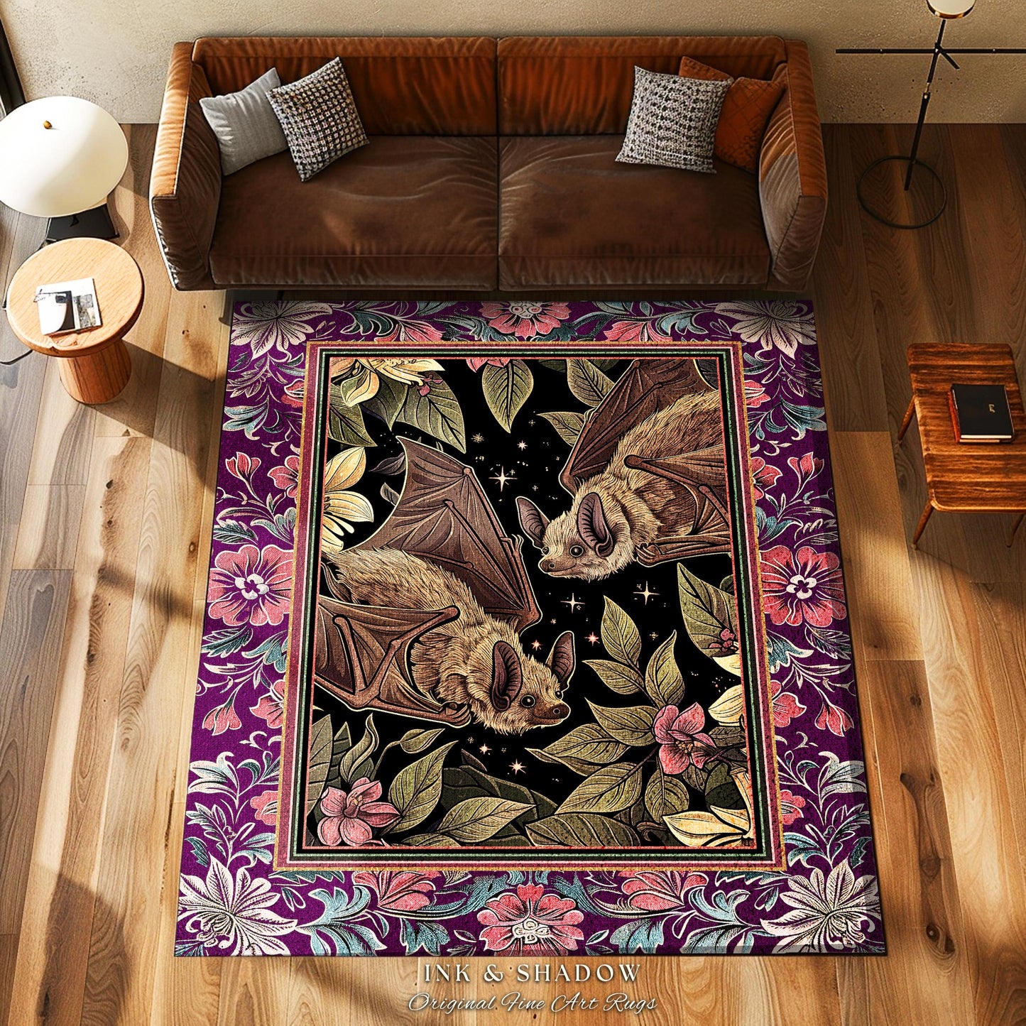 Romantic Victorian Gothic Bat Lovers Rug Whimsical Dark Floral Baroque Forestcore | Ethereal Botanical Whimsical Woodland Cottagecore Decor