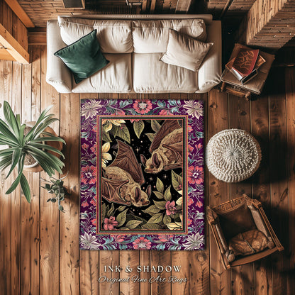 Romantic Victorian Gothic Bat Lovers Rug Whimsical Dark Floral Baroque Forestcore | Ethereal Botanical Whimsical Woodland Cottagecore Decor