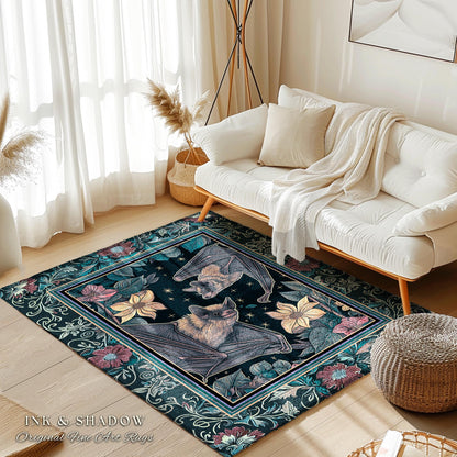 Moody Dark Acedemia Tapestry Woven Bat Rug Starry Night Woodland Gothic Floral Decor, Antique Aesthetic Victorian Botanical Whimsigothic Art