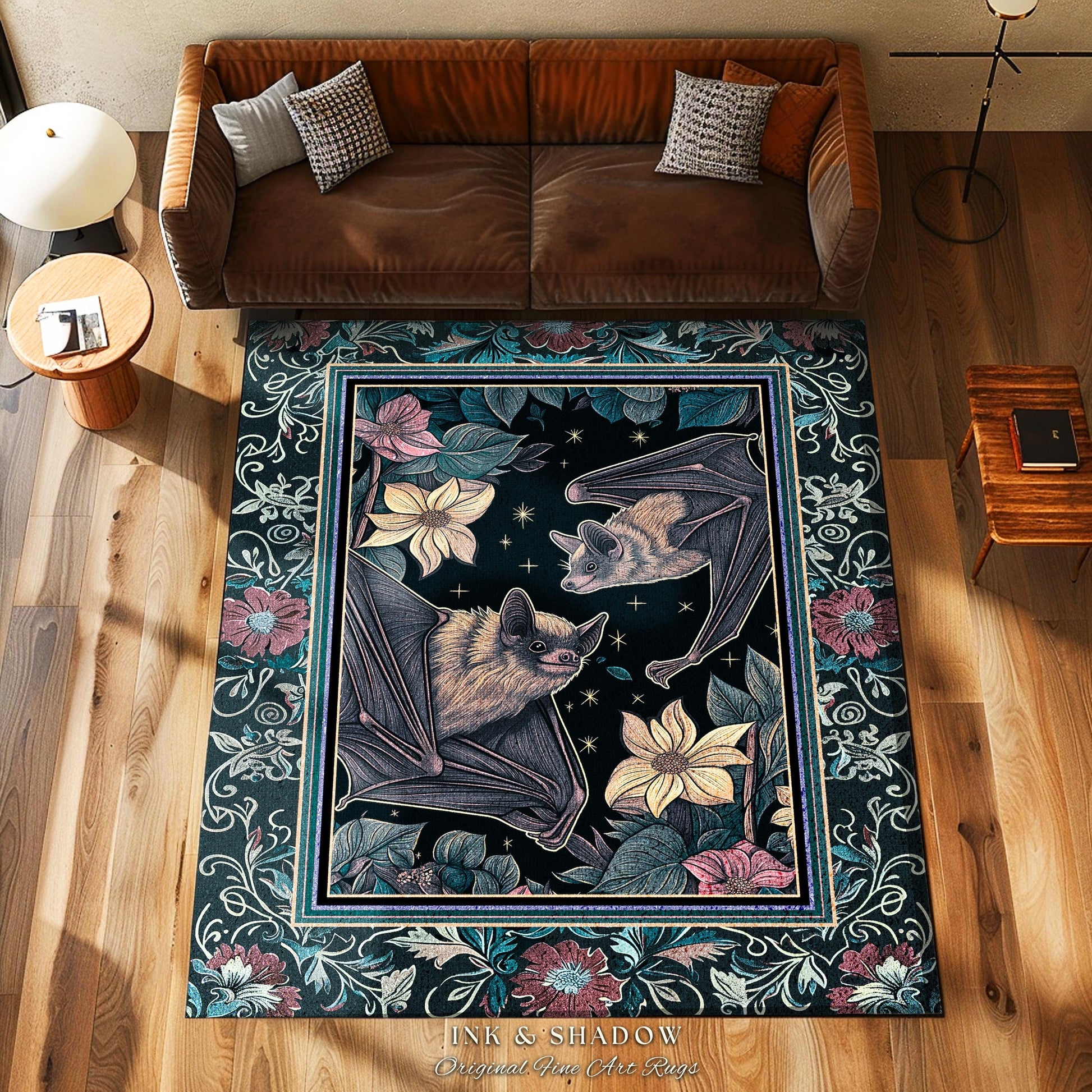 Moody Dark Acedemia Tapestry Woven Bat Rug Starry Night Woodland Gothic Floral Decor, Antique Aesthetic Victorian Botanical Whimsigothic Art