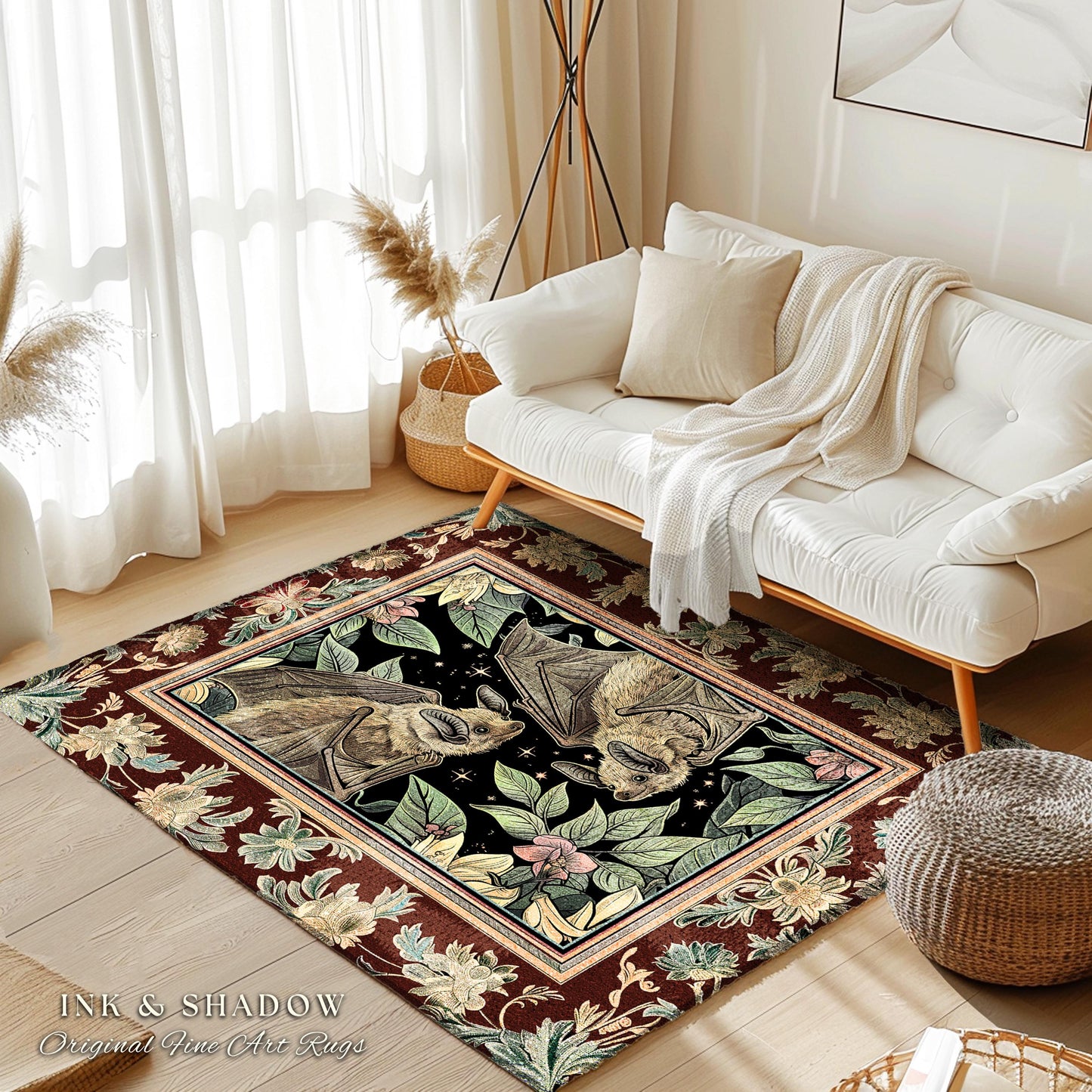 Whimsical Floral Bat Rug Boho Mystical Design Dark Academia Fairycore Decor | Dark Floral Woodland Gothic Rug Celestial Cottagecore Bat Rug