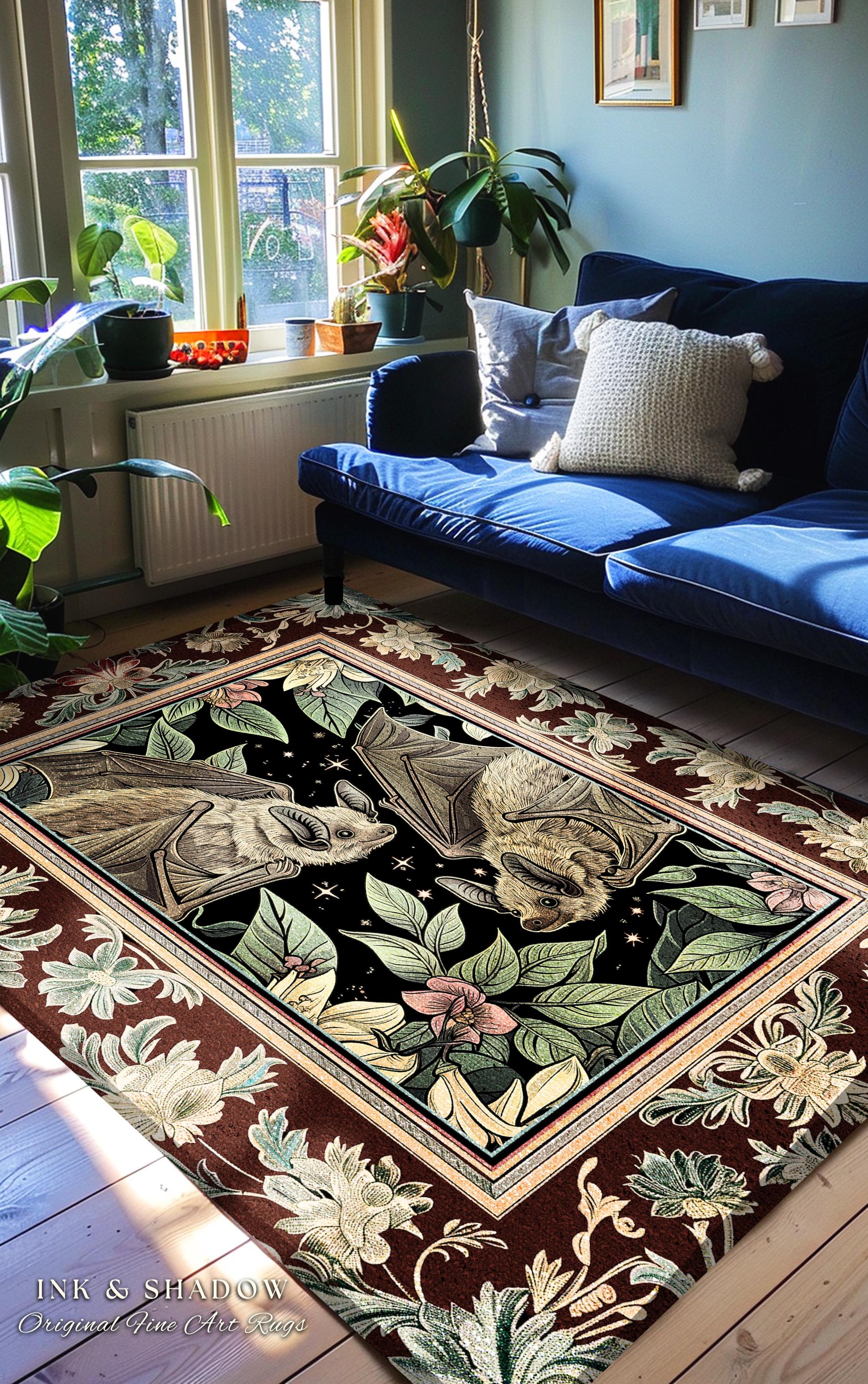 Whimsical Floral Bat Rug Boho Mystical Design Dark Academia Fairycore Decor | Dark Floral Woodland Gothic Rug Celestial Cottagecore Bat Rug