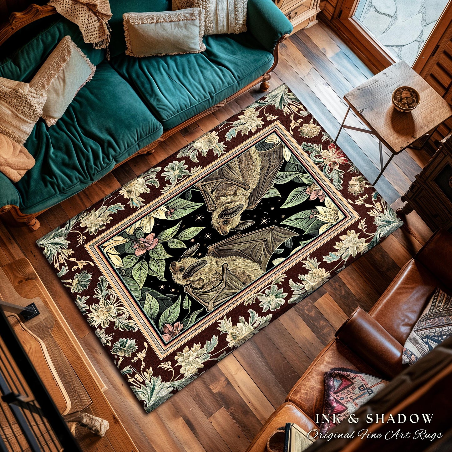 Whimsical Floral Bat Rug Boho Mystical Design Dark Academia Fairycore Decor | Dark Floral Woodland Gothic Rug Celestial Cottagecore Bat Rug