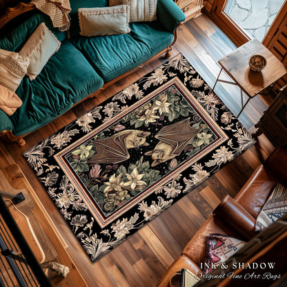Dark Cottagecore Celestial Bat Lover Rug Boho Floral Victorian Gothic Decor | Whimsical Woodland Dark Bat Forestcore Ethereal Botanical Rug