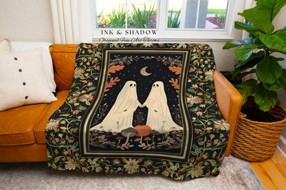 Moonlit Spirits Vintage Blanket Spooky Cute Ghost Fall Aesthetic Vintage Art Woven Tapestry Halloween Decor Dark Academia Art Ghost Blanket