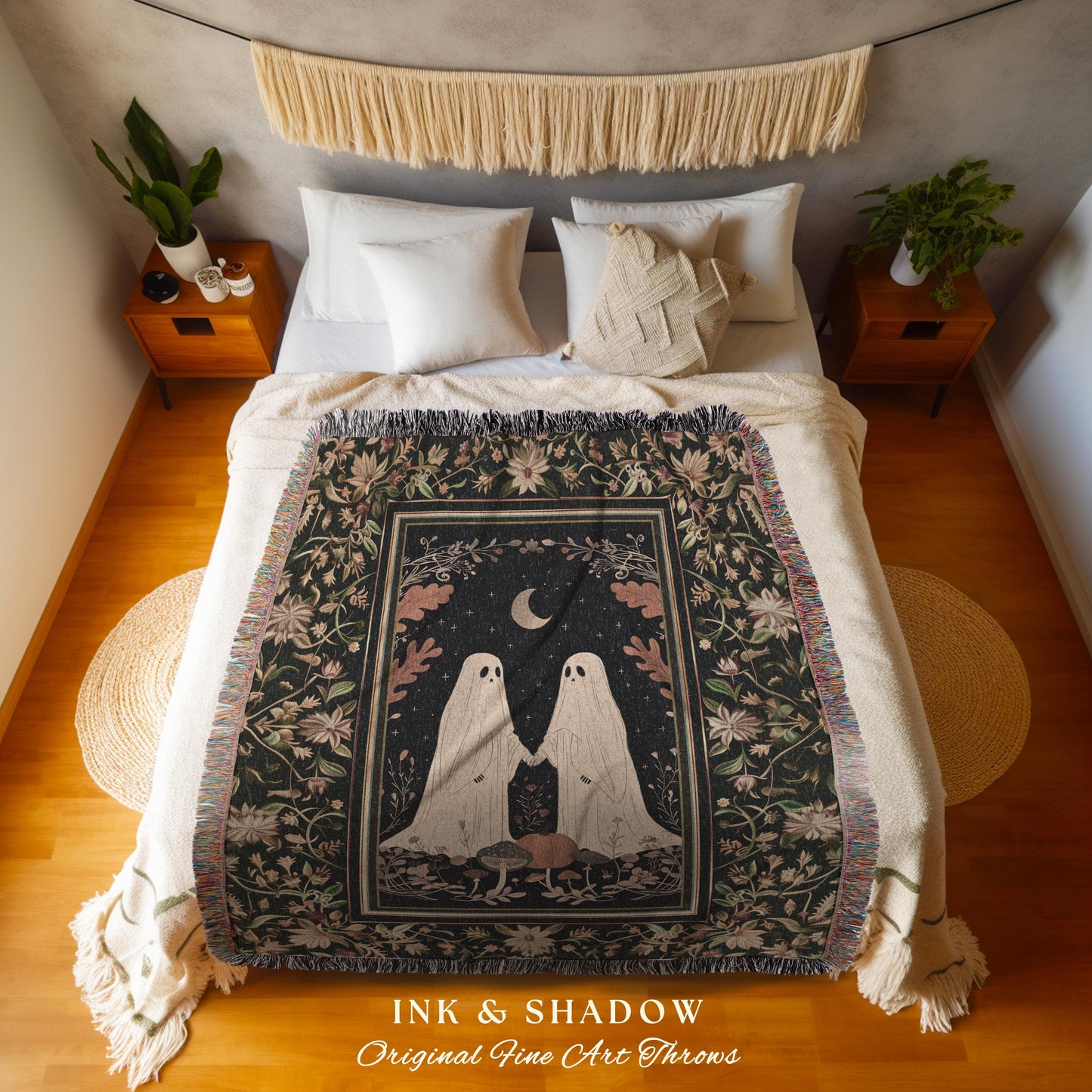 Moonlit Spirits Vintage Blanket Spooky Cute Ghost Fall Aesthetic Vintage Art Woven Tapestry Halloween Decor Dark Academia Art Ghost Blanket