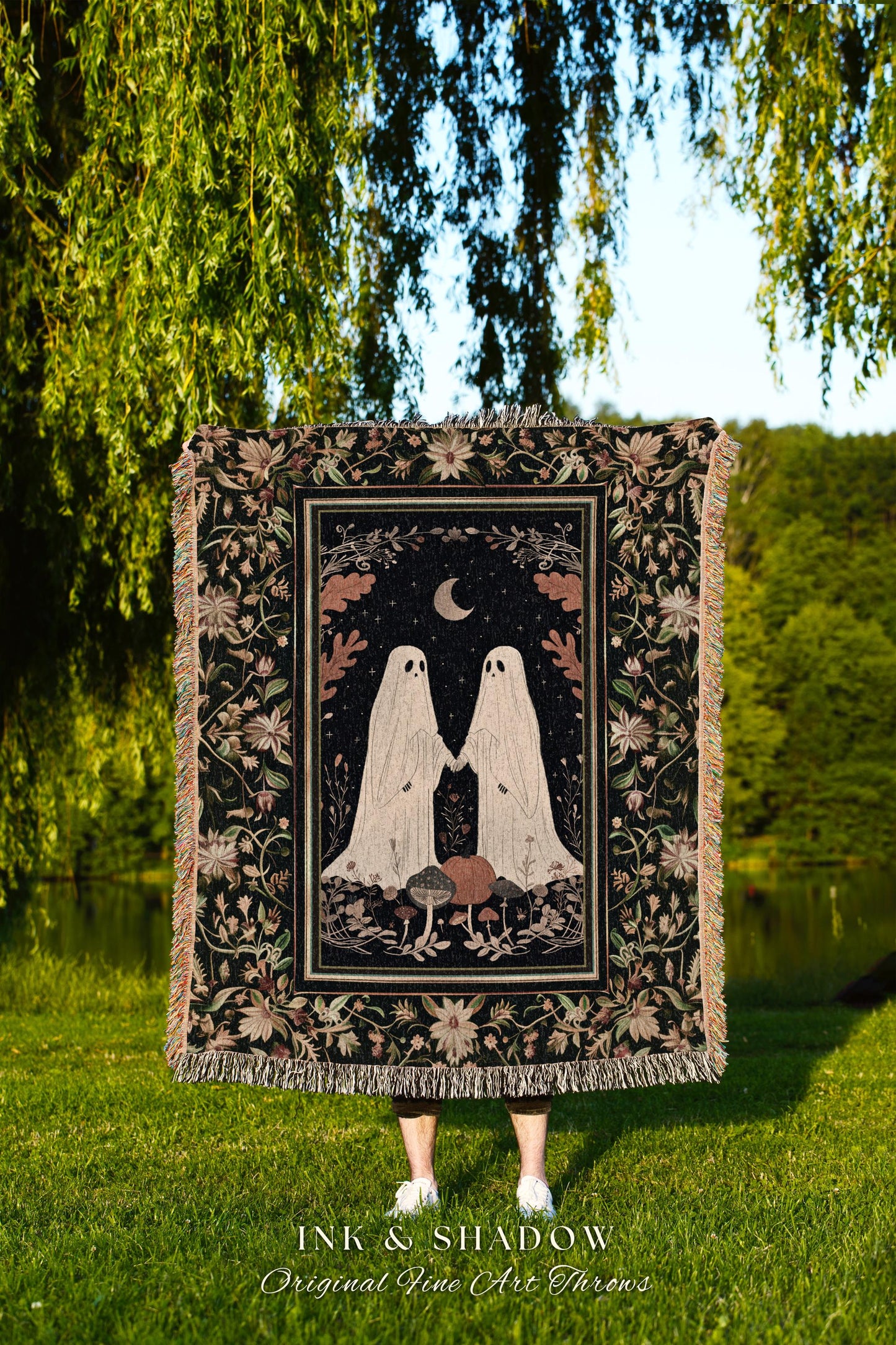 Moonlit Spirits Vintage Blanket Spooky Cute Ghost Fall Aesthetic Vintage Art Woven Tapestry Halloween Decor Dark Academia Art Ghost Blanket