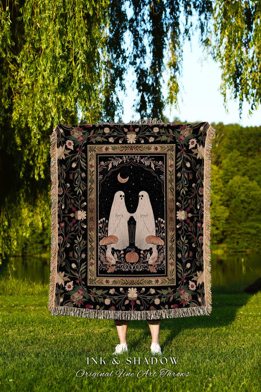 Boho Celestial Cottagecore Ghost Friends Blanket Woven Fall Vintage Aesthetic Ghost Decor Tapestry Dark Academia Retro Halloween Spooky Art