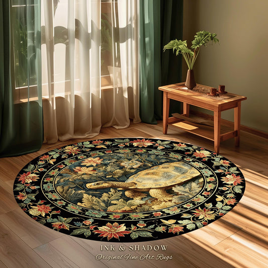 Whimsical Tortoise Rug Goblincore Vintage Aesthetic | Mystical Woodland Decor Ornate Floral Turtle Rug Cottagecore Reading Corner Boho Decor