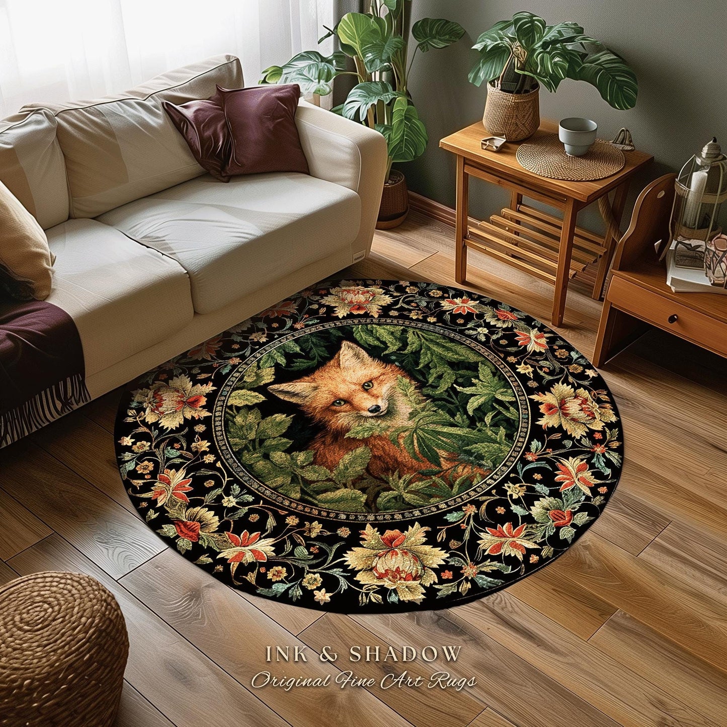 Dark Botanical Fox Rug Vintage Forest Aesthetic | Goth Cottagecore Woodland Fox Decor Boho Fairycore Rug Nature Lovers Housewarming Gifts