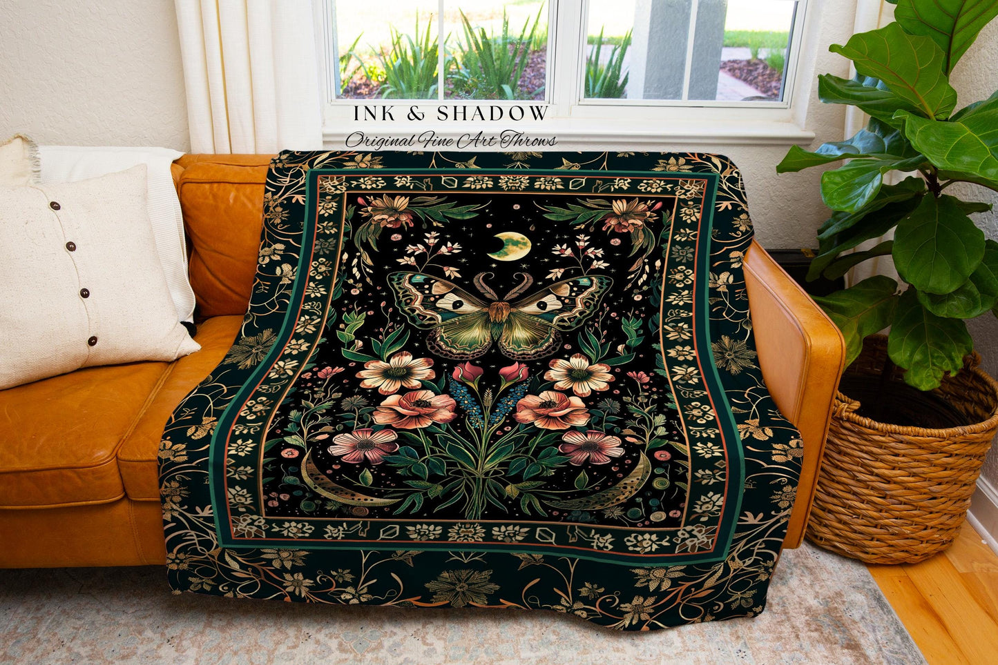 Ethereal Moth Woven Throw Witchy Aesthetic Room Decor, Gothic Whimsical Occult Whimsigothic Wildflower Butterfly Fairycore Tapestry Blanket