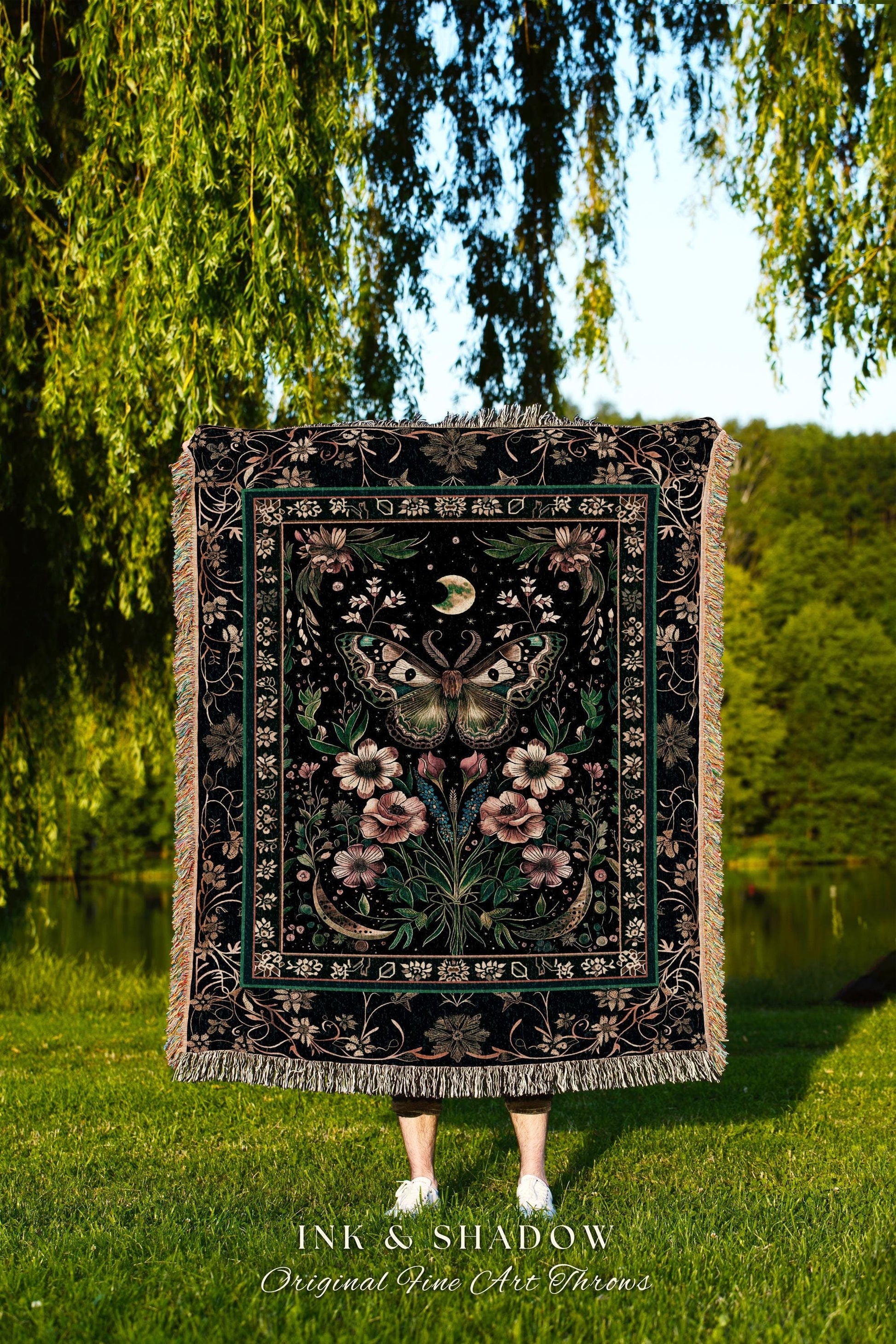 Ethereal Moth Woven Throw Witchy Aesthetic Room Decor, Gothic Whimsical Occult Whimsigothic Wildflower Butterfly Fairycore Tapestry Blanket