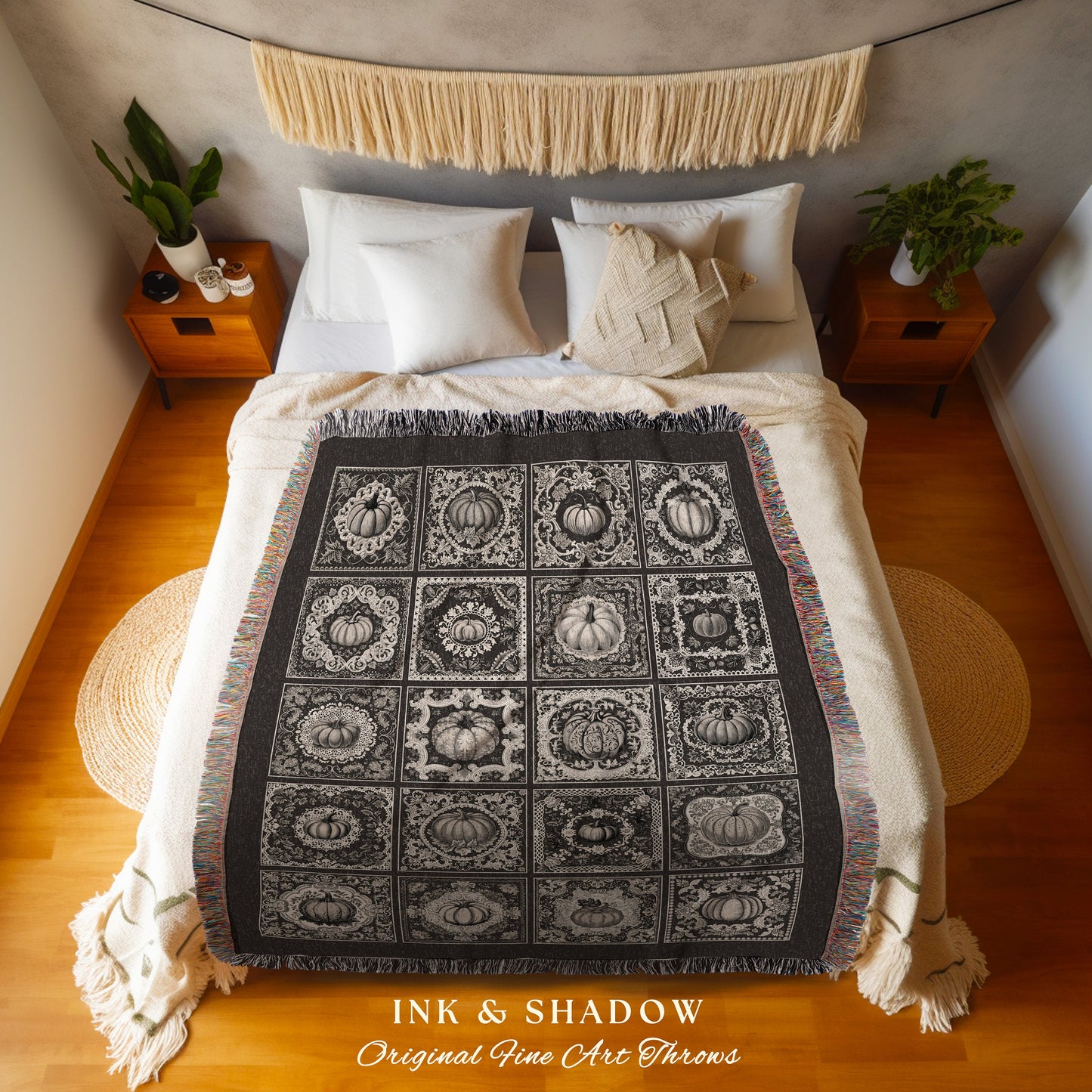 Black & White Pumpkin Throw Blanket Woven | Retro Halloween Home Decor Woven Throw Fall Vibes Cozy Accent Blanket Spooky Season Decoration |