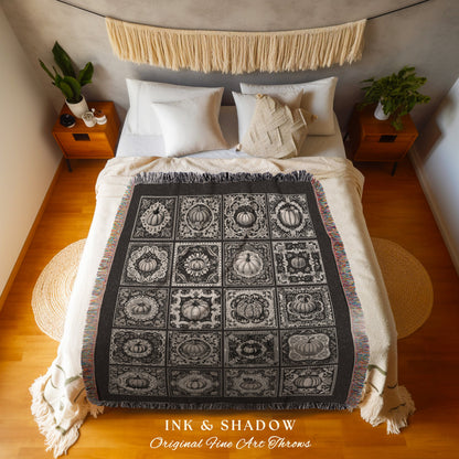 Black & White Pumpkin Throw Blanket Woven | Retro Halloween Home Decor Woven Throw Fall Vibes Cozy Accent Blanket Spooky Season Decoration |