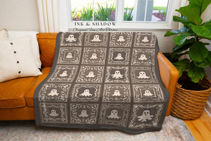 Cute Ghost Blanket Spooky Fall Decor Cozy Gothic Halloween Throw Light Gothic Design Unique Spooky Season Home Accent Woven Ghost Tapestry