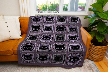 Gothic Black Cat Woven Tapestry Blanket | Rustic Purple Halloween Book Nook Decor Cozy Home Accent Dark Academia Aesthetic Cat Lover Gift |